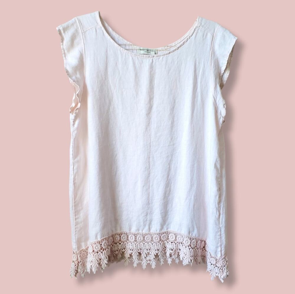 Women Terzo Millenio Pink Linen Blouse M Crochet Fringe Lagenlook Boho Italy